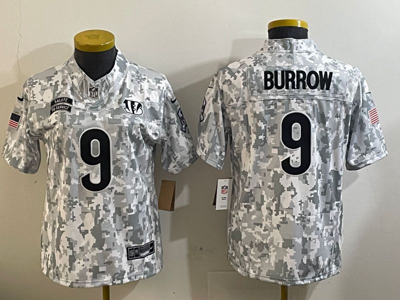 Women Cincinnati Bengals #9 Burrow Nike Arctic Camo 2024 Salute to Service Limited NFL Jersey